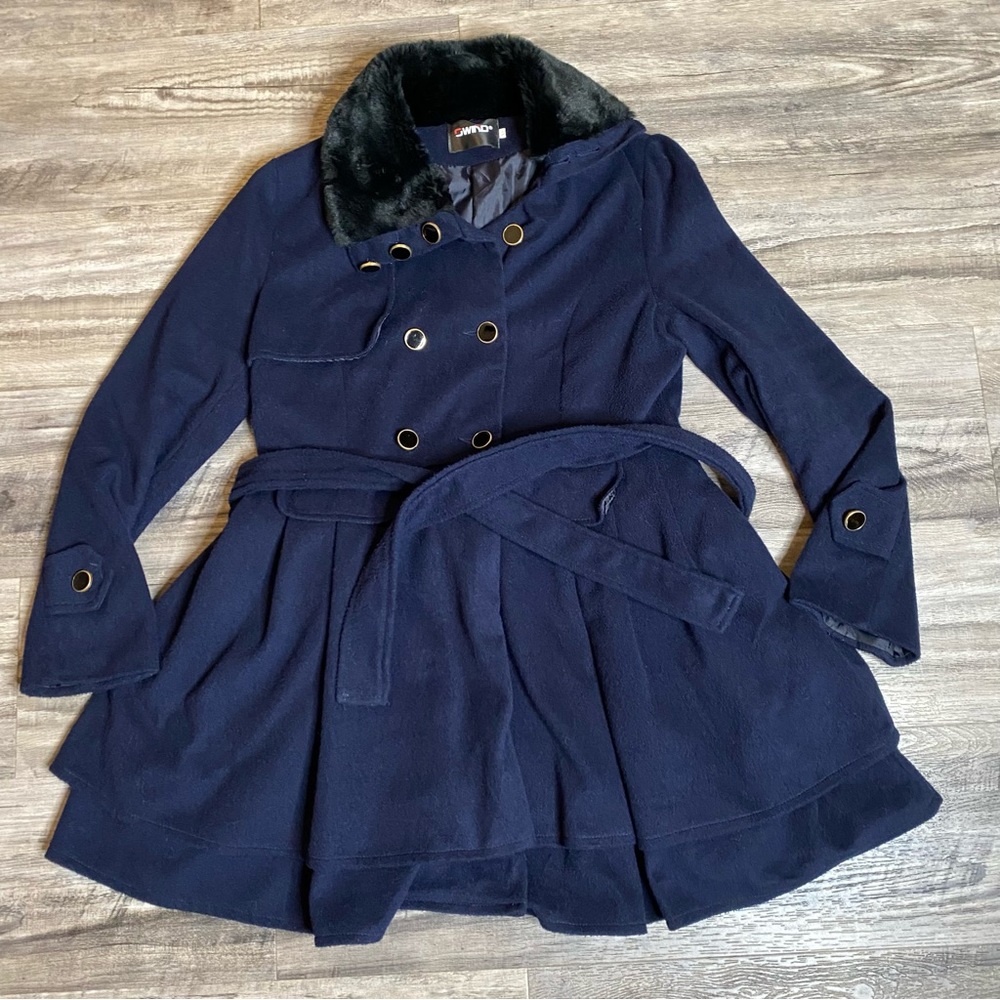 Vtg Y2K Wind Women’s Size XL Navy Blue Ruffle Pea Coat Belted Fur Collar Lined